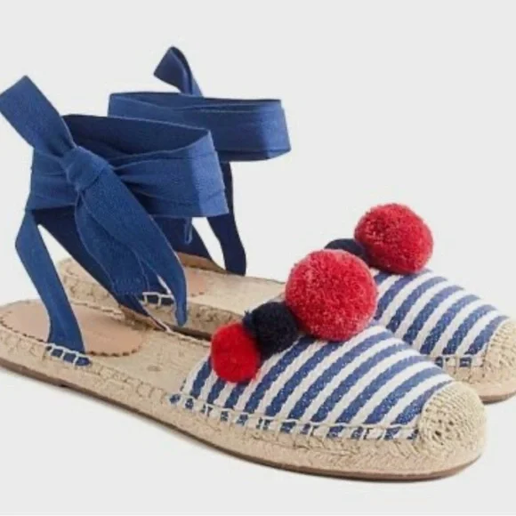 J. Crew Blue stripe & Red pompom Espadrille Sandals with Ribbon Ties - Picture 3 of 11